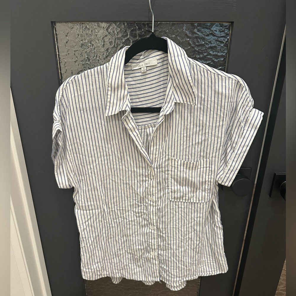 Love Tree Blue White Striped Button Front Short Sleeve Shirt Women’s Size S